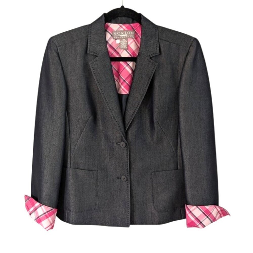 Norton McNaughton‎ Charcoal Blazer with Pink Plaid Accents Size 10P
